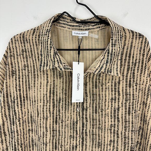 Calvin Klein Blouse Printed Chiffon Collared Button Up Beige Lightweight 3X NWT - Picture 4 of 12